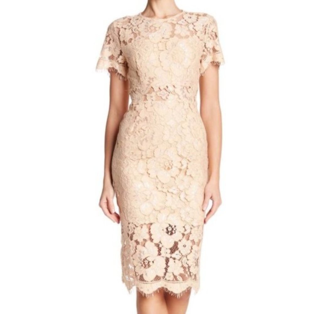 NSR Lace Short Sleeve Midi Sheath Dress Peach Cream Size Medium